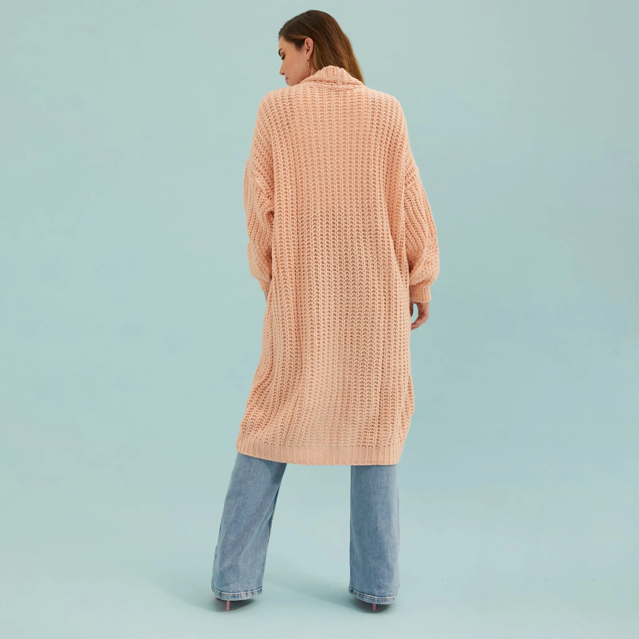 Stevie Cable Balloon Sleeve Long Cardigan - Peach