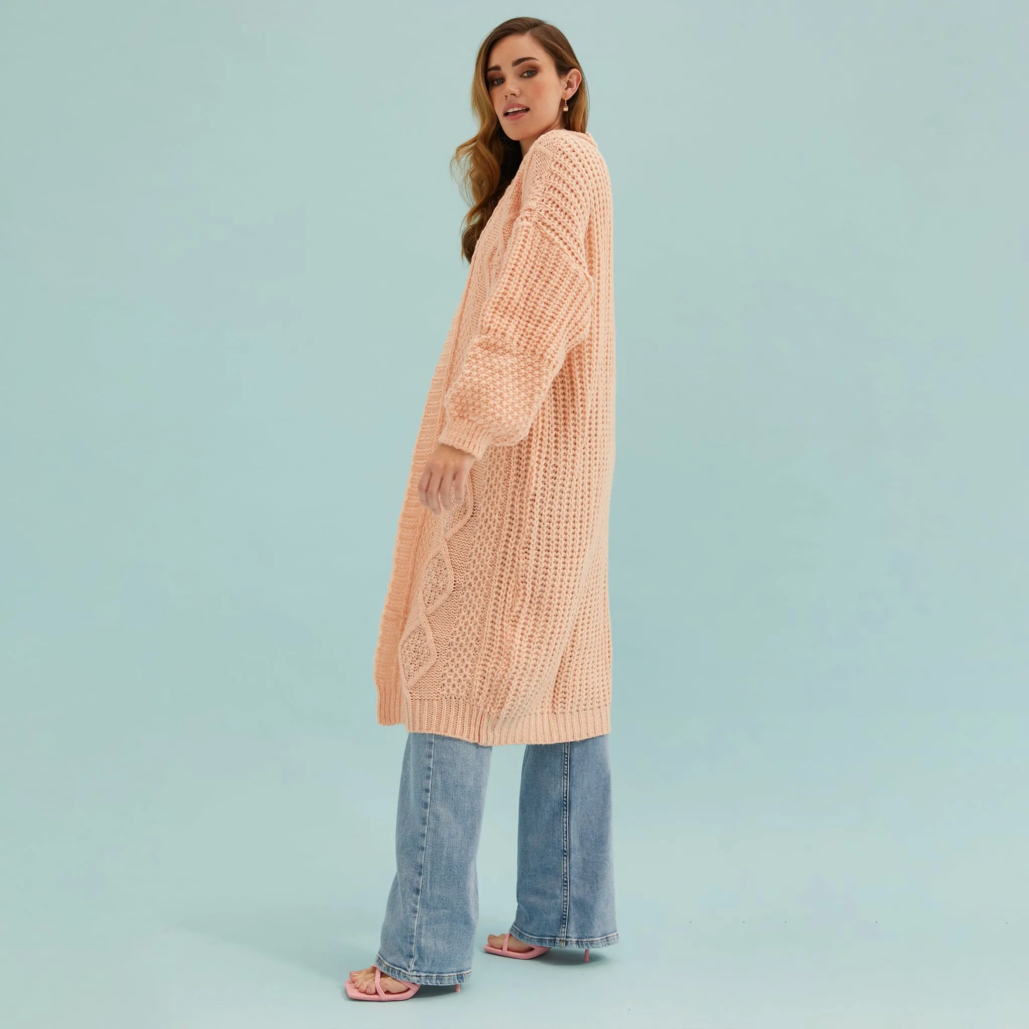 Stevie Cable Balloon Sleeve Long Cardigan - Peach