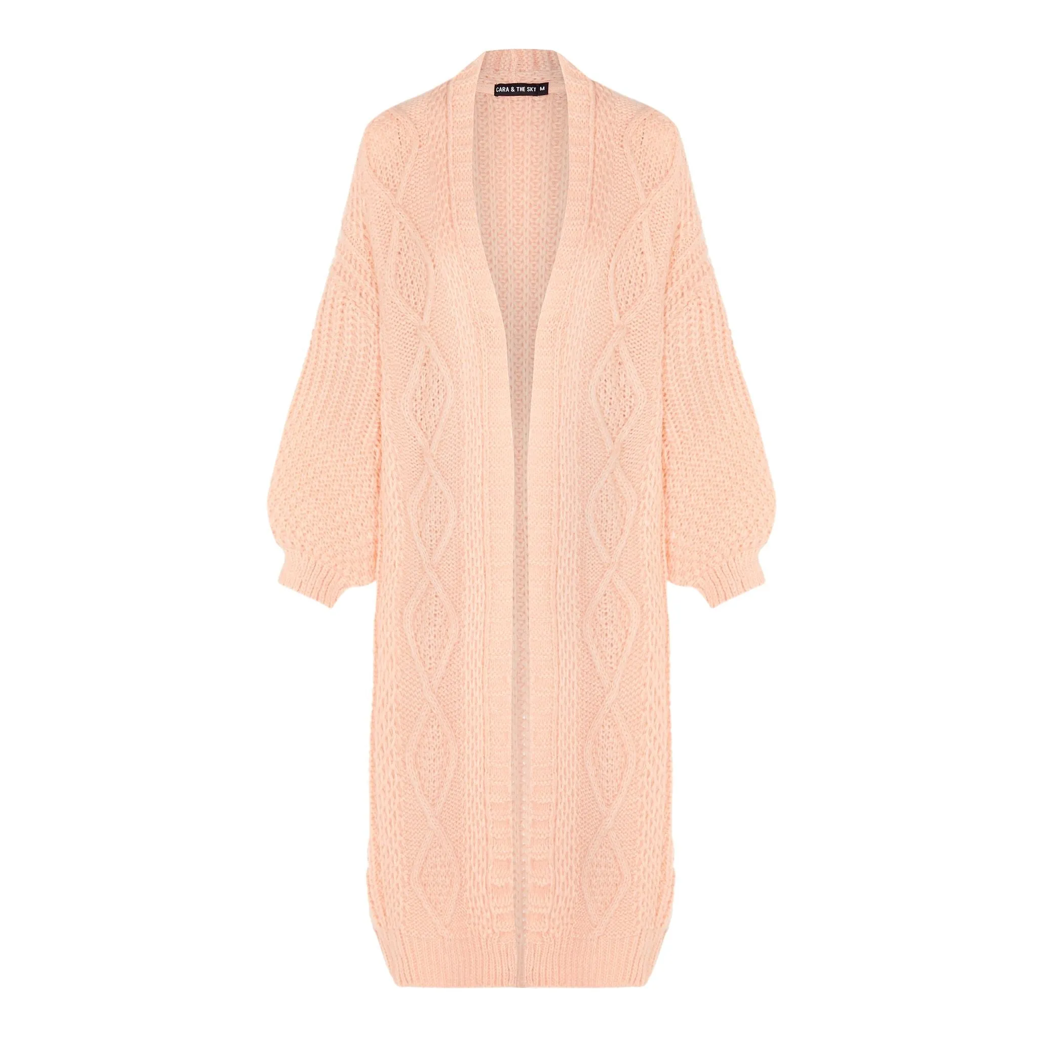 Stevie Cable Balloon Sleeve Long Cardigan - Peach