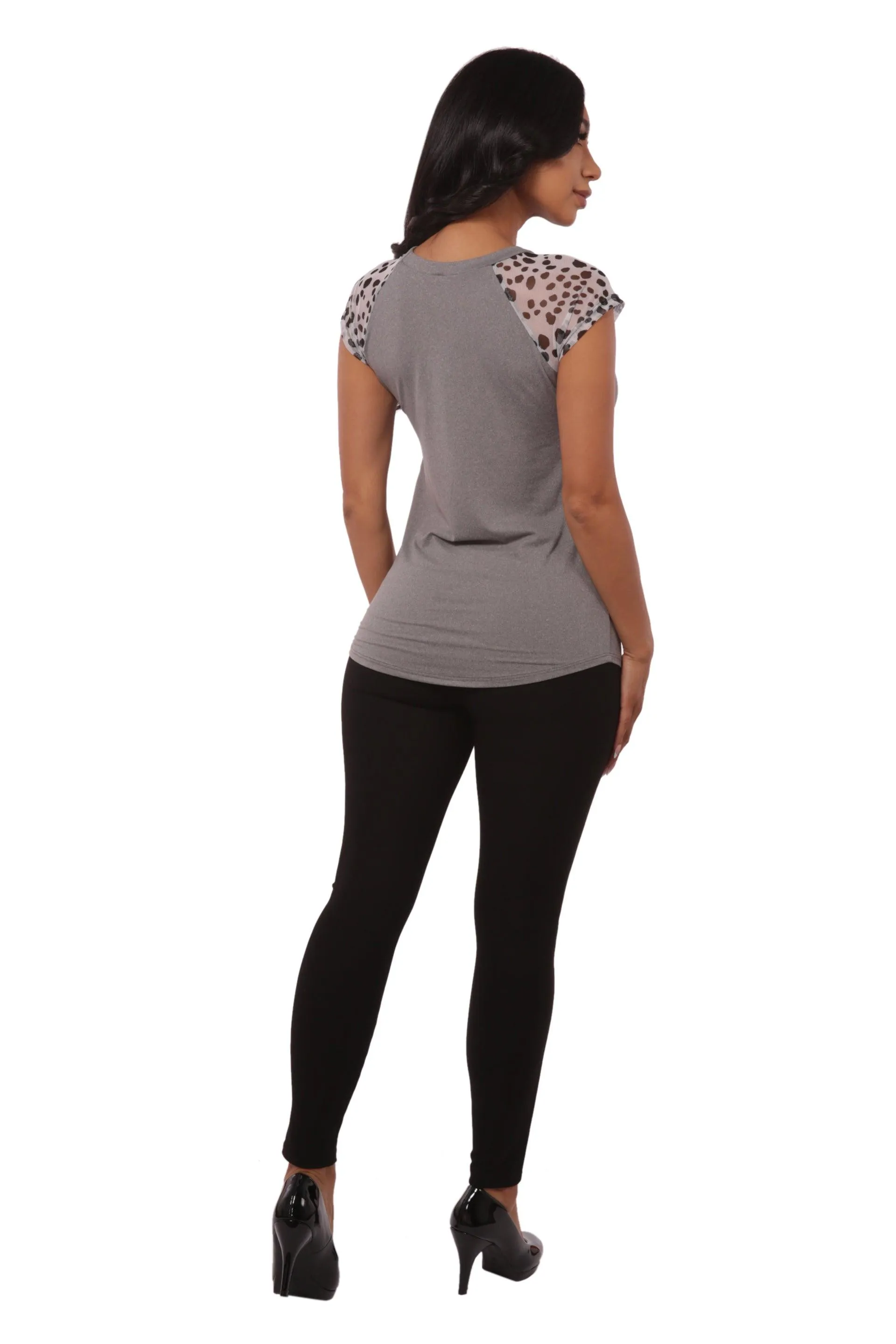 T-Shirt Tops With Contrast Mesh Short Sleeves - Gray