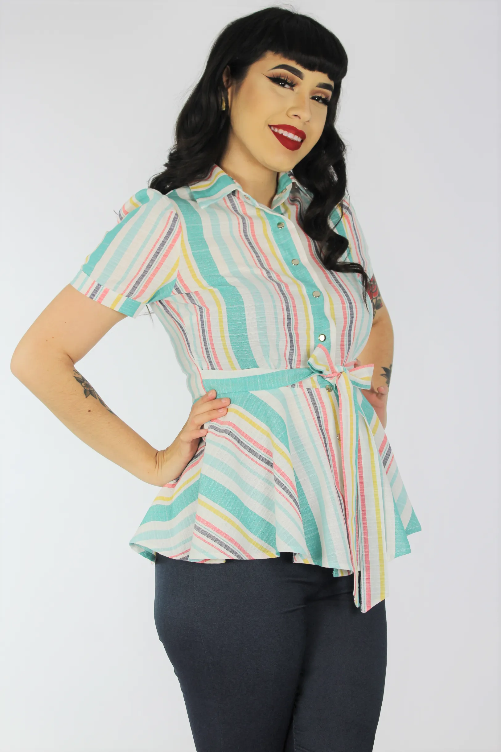 Teal Striped Peplum Top / Maternity Ribbon Belt Top XS-3XL #SPT