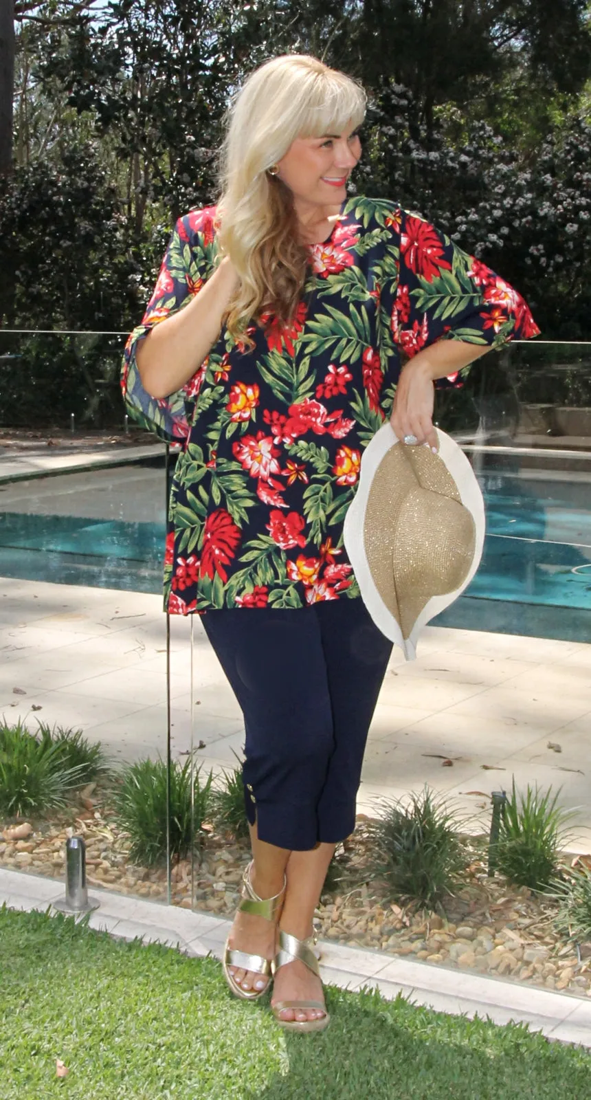 Tunic Style Round Neck Top  Red Blooms on Navy