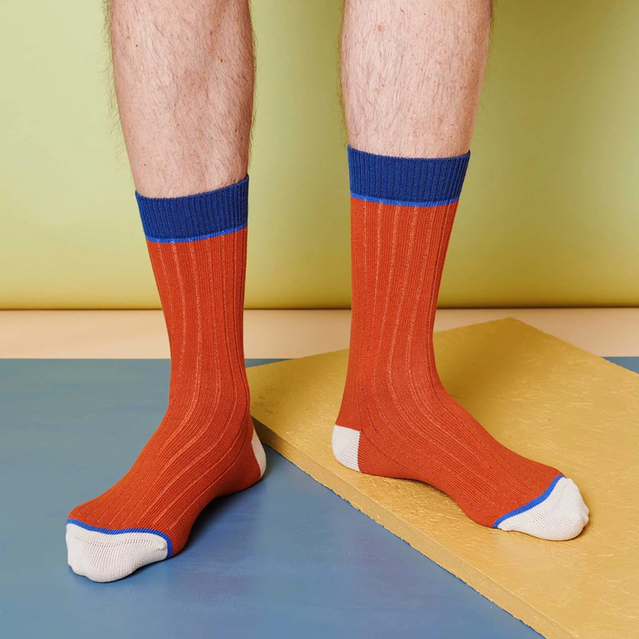 Unisex Organic Cotton Ribbed Ankle Socks - Red Block