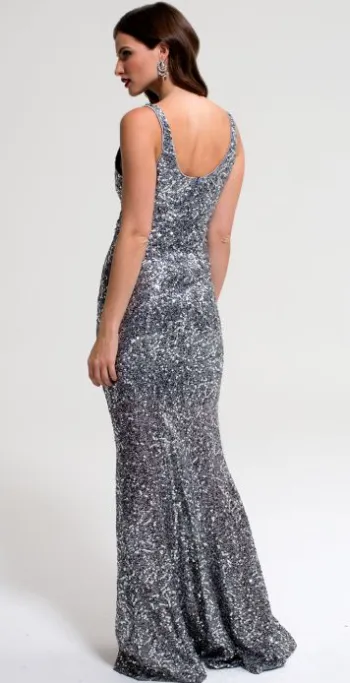 V Sequin Silver Gown