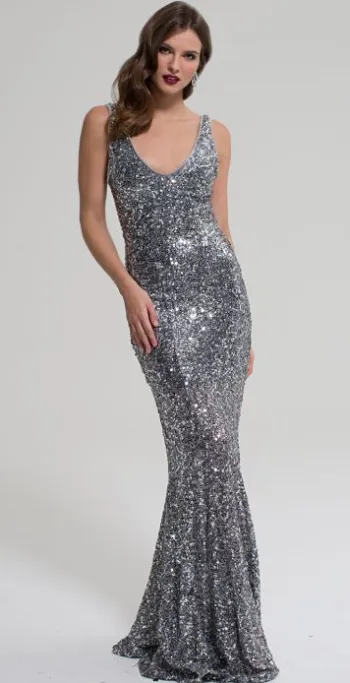 V Sequin Silver Gown