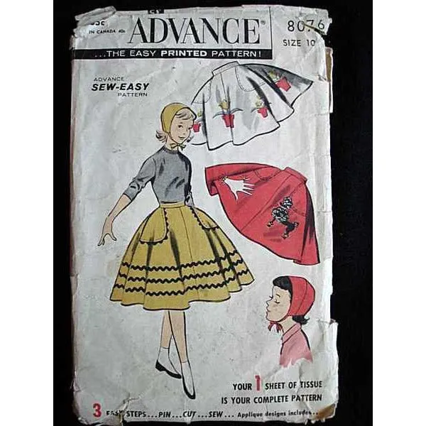 Vintage  Girls Poodle Skirt   Sewing Pattern Advance #8076 1950S