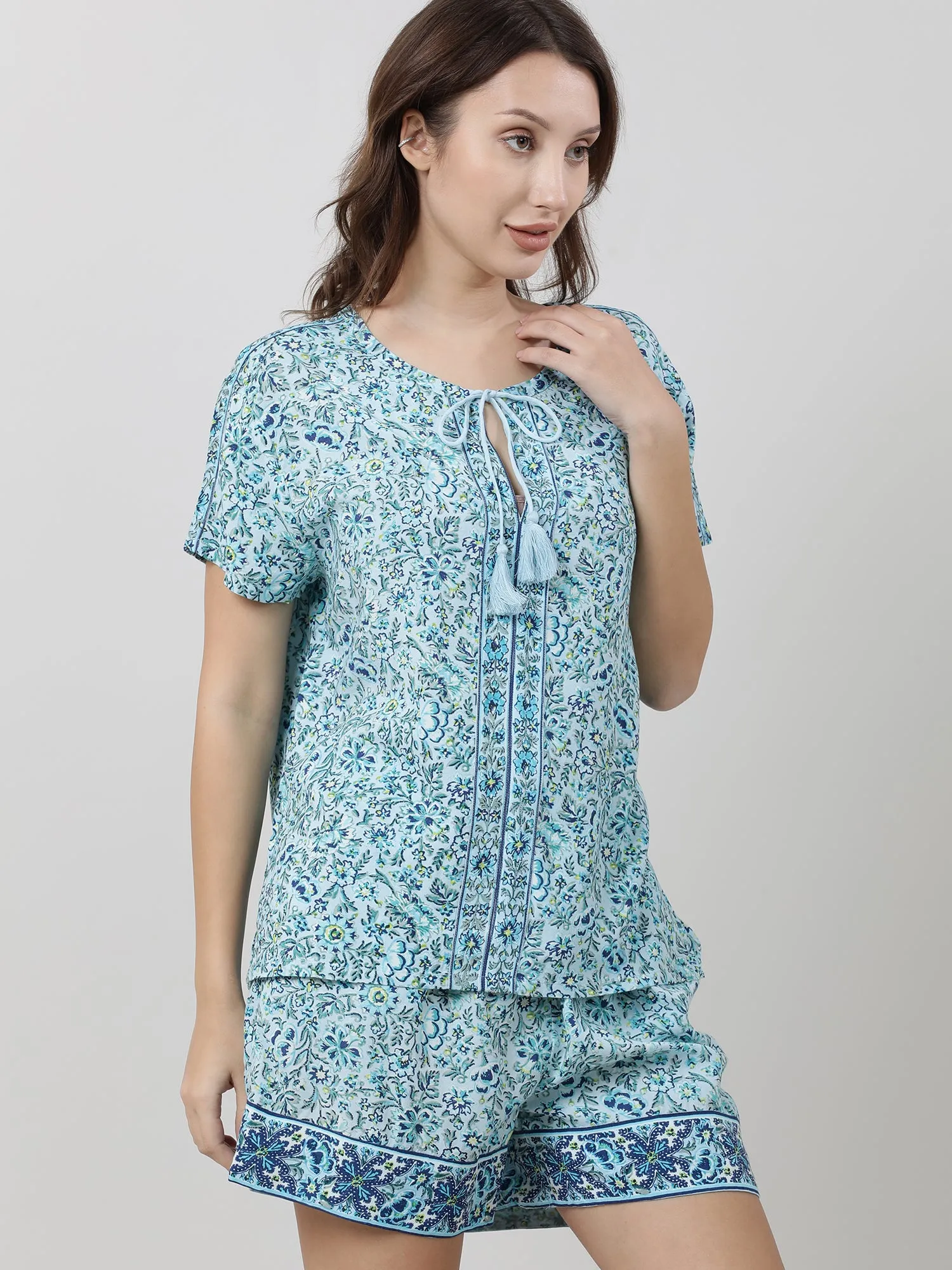 Women Light Blue Floral Print Tops