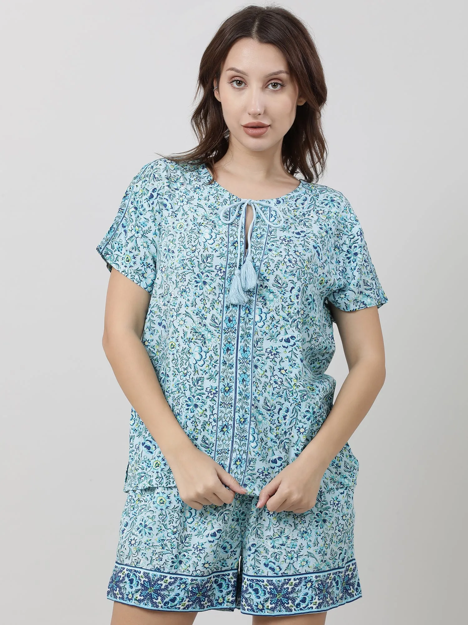 Women Light Blue Floral Print Tops