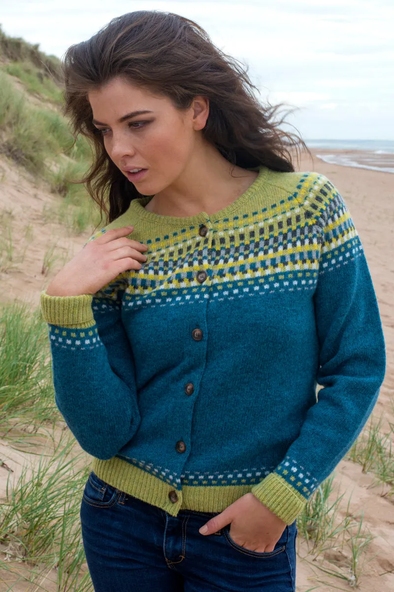 Womens Building Blocks Fair isle Cardigan - teal