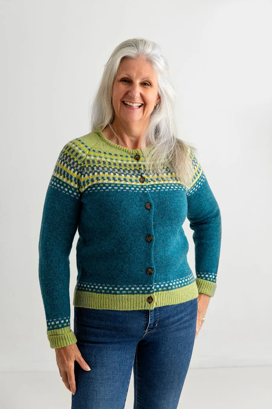 Womens Building Blocks Fair isle Cardigan - teal