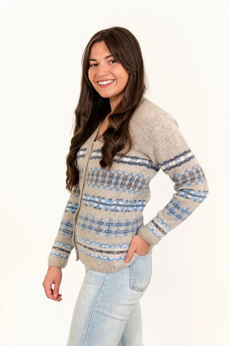 Womens Craigievar V-neck Fair isle Cardigan - Beige Blue