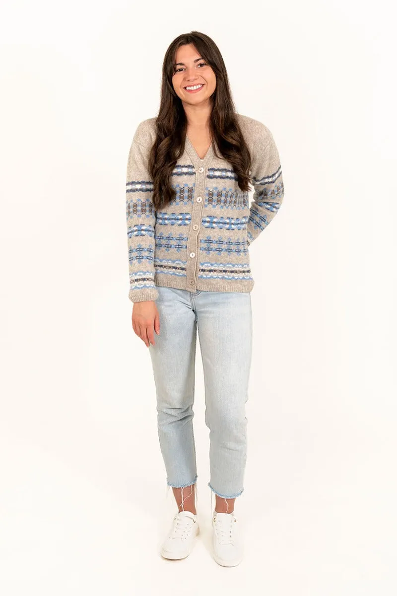 Womens Craigievar V-neck Fair isle Cardigan - Beige Blue