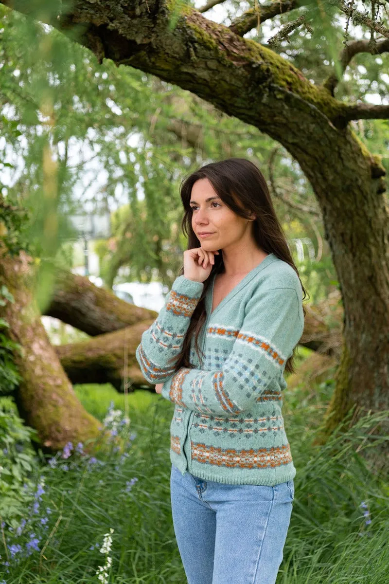 Womens Craigievar V-neck Fair isle Cardigan - Soft Green