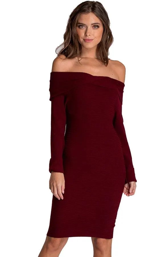 Women's Wine Off Shoulder Fitted Knit Sweater Dress