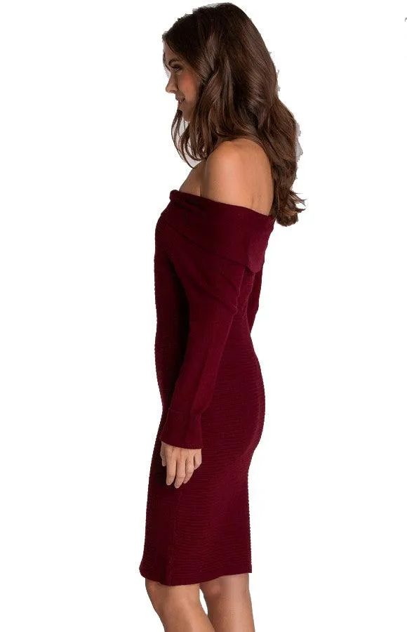 Women's Wine Off Shoulder Fitted Knit Sweater Dress