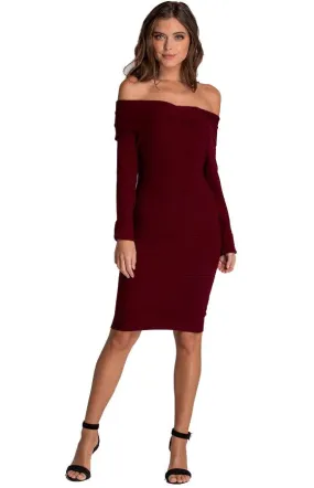 Women's Wine Off Shoulder Fitted Knit Sweater Dress