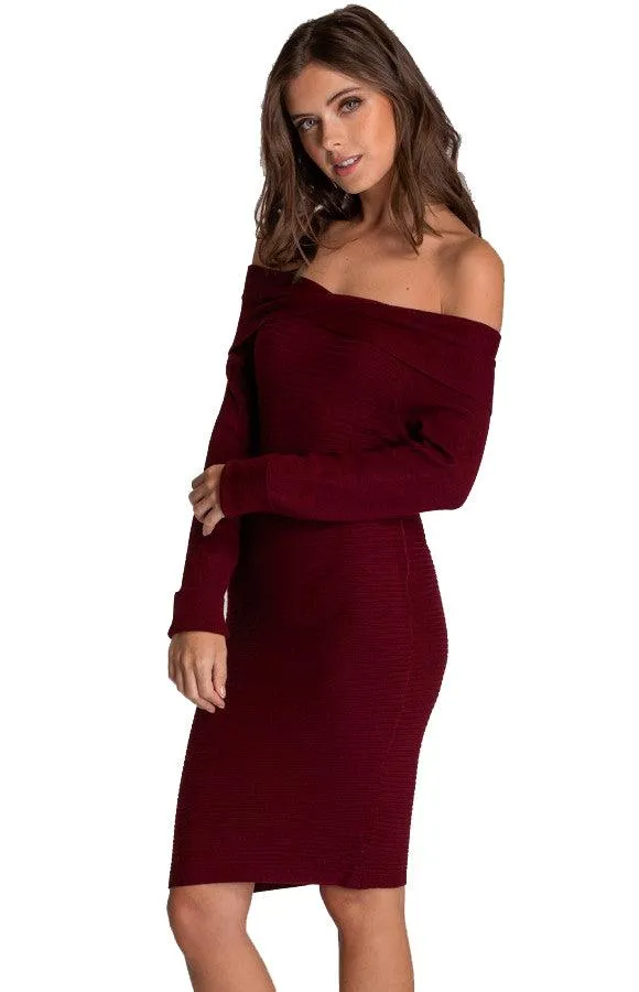 Women's Wine Off Shoulder Fitted Knit Sweater Dress