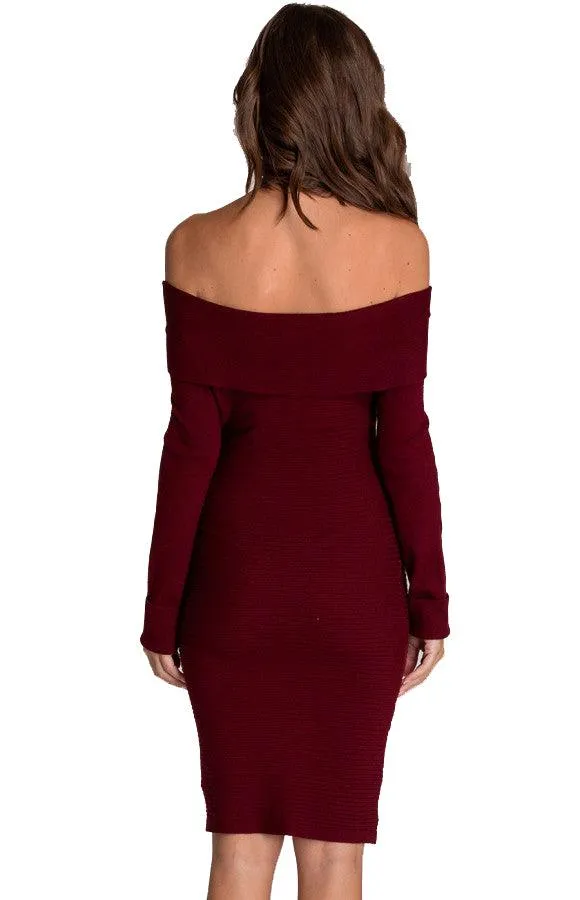 Women's Wine Off Shoulder Fitted Knit Sweater Dress