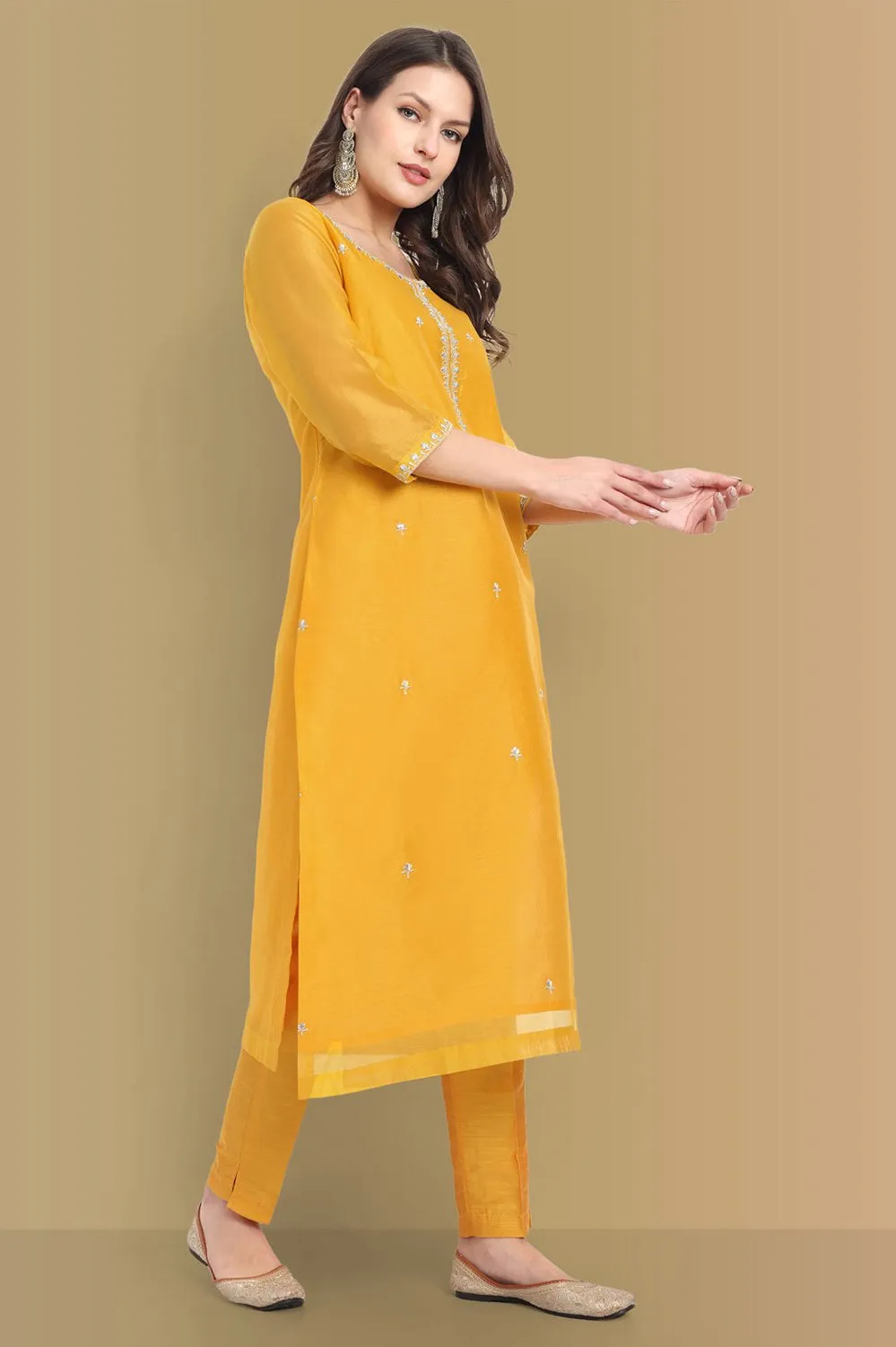 Yellow Haldi Chanderi Kurta and pant Set of 2