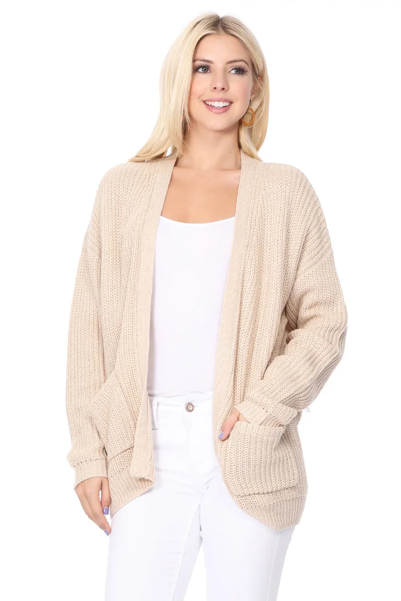 YEMAK Women's Long Sleeve Chunky Waffle Knit Open Front Sweater Cardigan HK8246