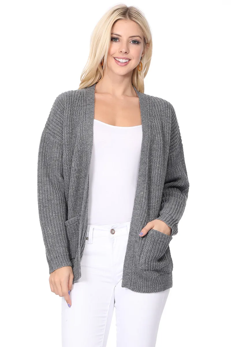 YEMAK Women's Long Sleeve Chunky Waffle Knit Open Front Sweater Cardigan HK8246