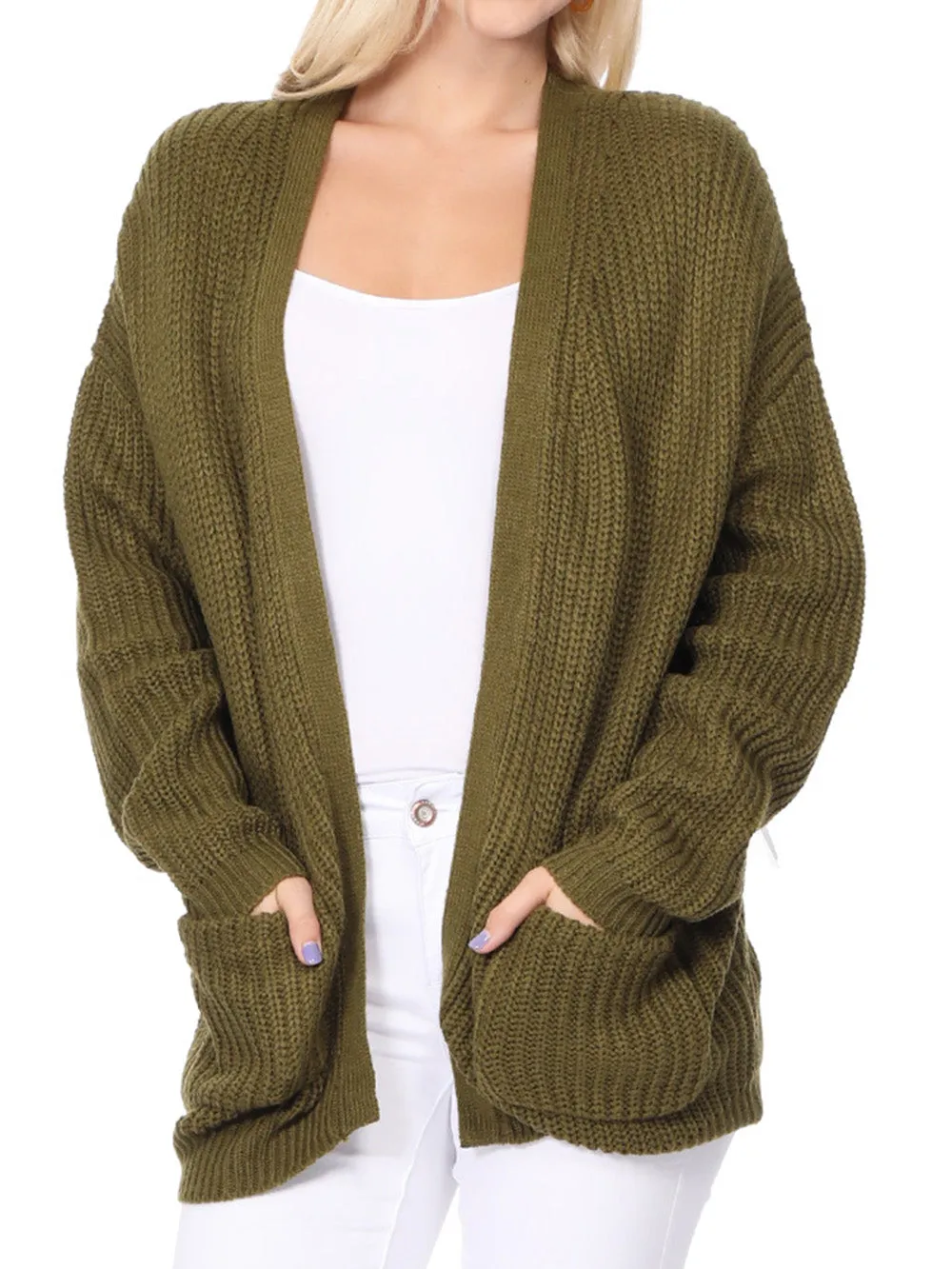 YEMAK Women's Long Sleeve Chunky Waffle Knit Open Front Sweater Cardigan HK8246