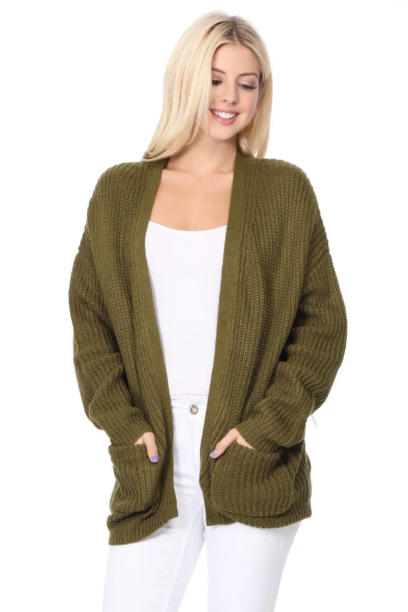 YEMAK Women's Long Sleeve Chunky Waffle Knit Open Front Sweater Cardigan HK8246