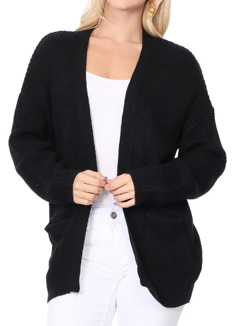 YEMAK Women's Long Sleeve Chunky Waffle Knit Open Front Sweater Cardigan HK8246