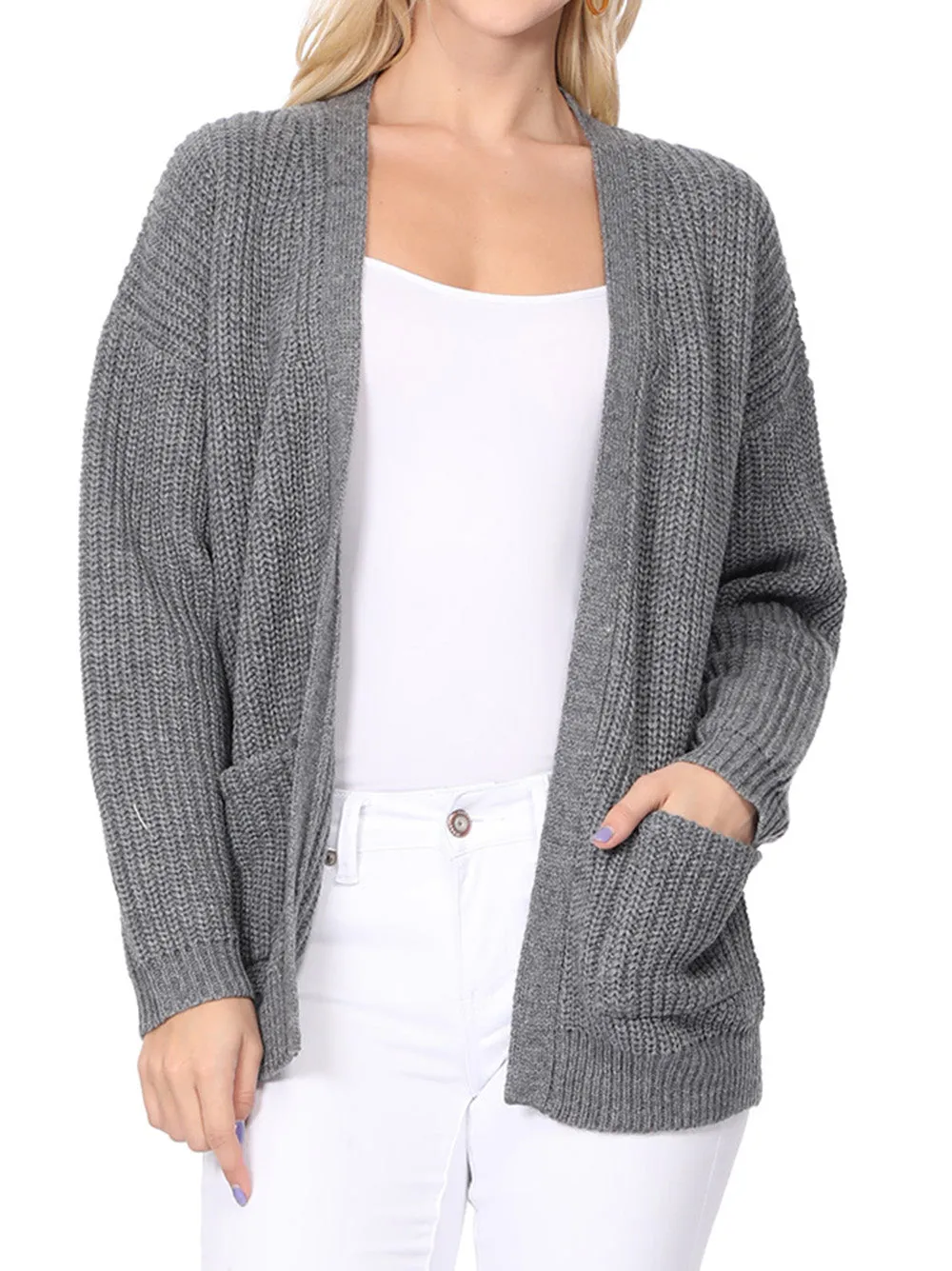 YEMAK Women's Long Sleeve Chunky Waffle Knit Open Front Sweater Cardigan HK8246