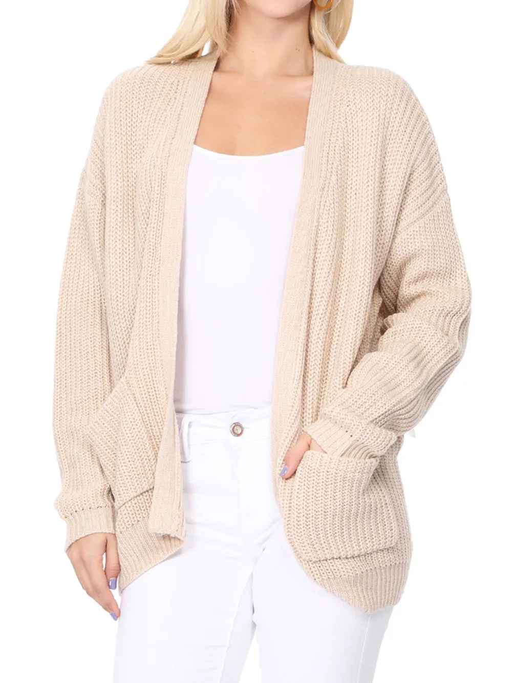 YEMAK Women's Long Sleeve Chunky Waffle Knit Open Front Sweater Cardigan HK8246