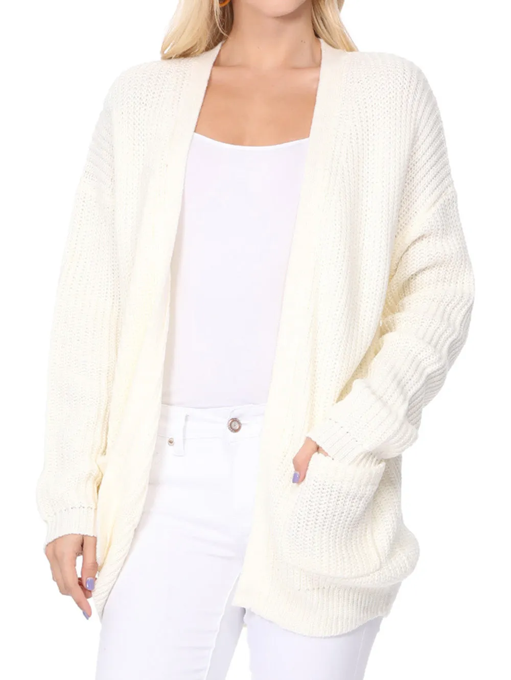 YEMAK Women's Long Sleeve Chunky Waffle Knit Open Front Sweater Cardigan HK8246