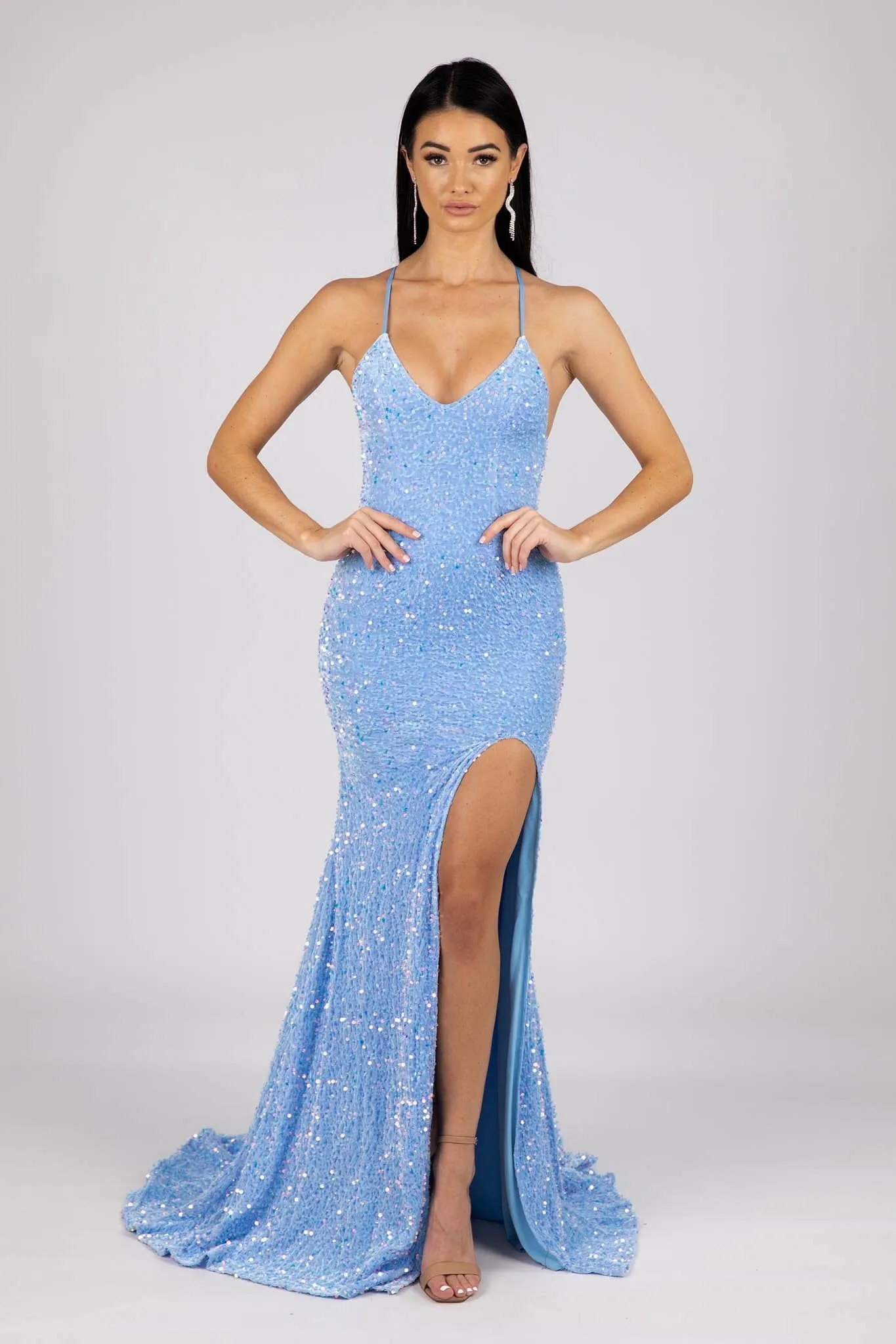 Zelda Side Slit Velvet Sequin Gown - Light Blue