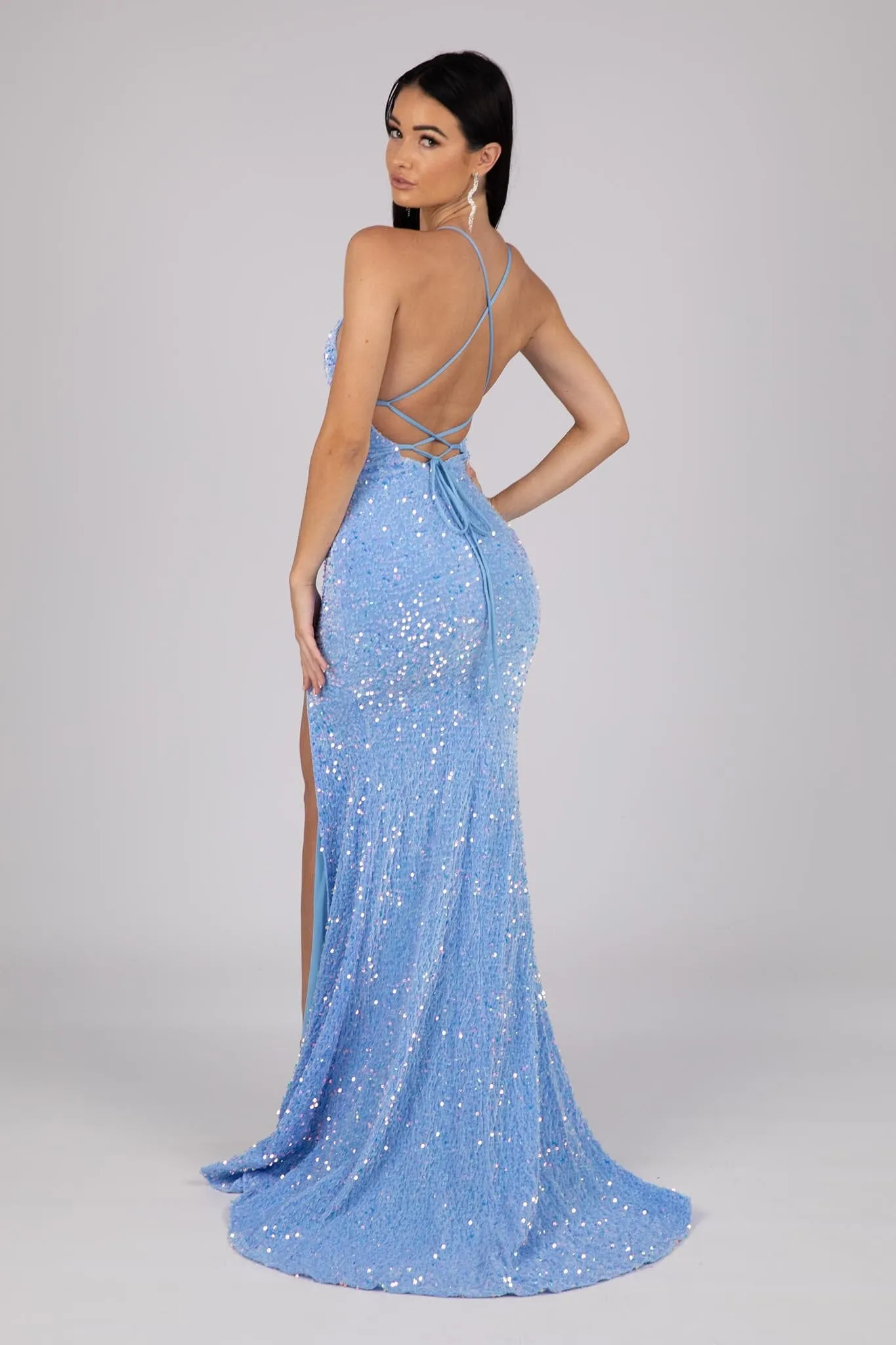 Zelda Side Slit Velvet Sequin Gown - Light Blue